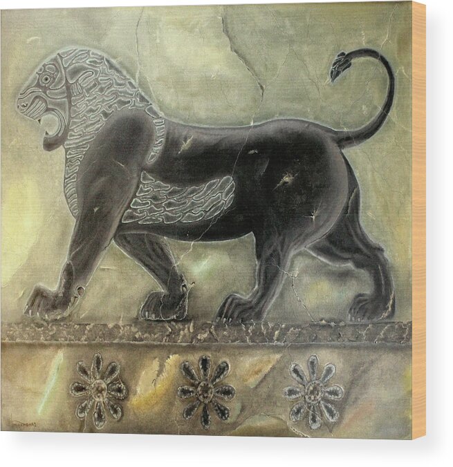 Achaemenid Wood Print featuring the painting Lion of Achaemenid by Mehran Akhzari