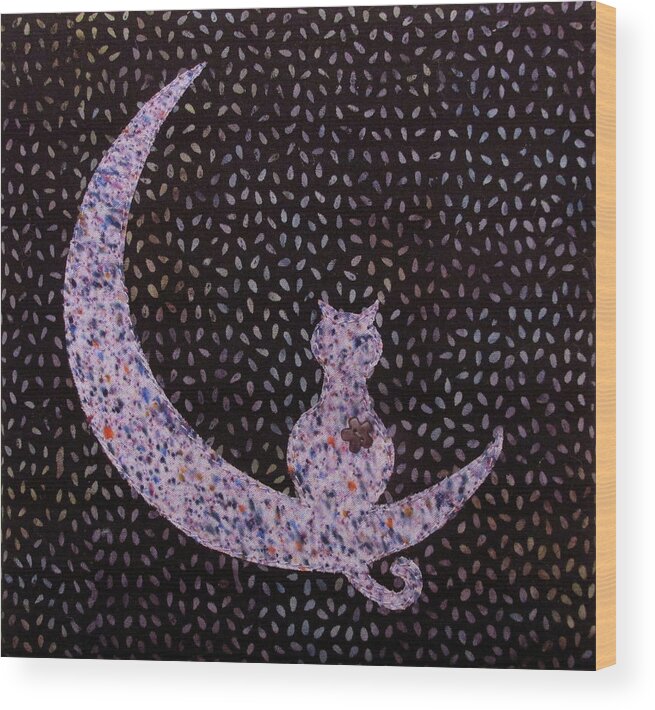 Moon Wood Print featuring the tapestry - textile Mystical Moon Cat by Pam Geisel
