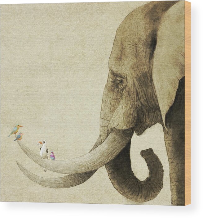 Elephant Wood Print featuring the drawing Old Friend by Eric Fan