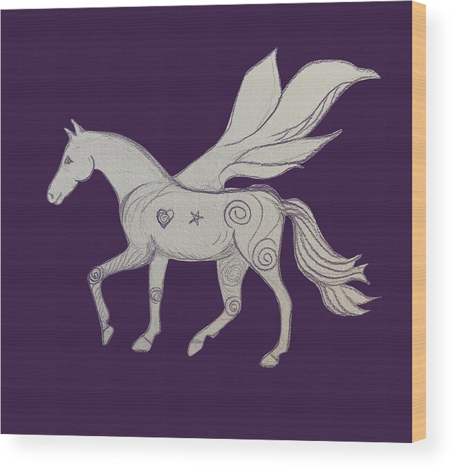 Pegasus Wood Print featuring the drawing Pegasus Heart Spiral Star Drawing by Sandy Rakowitz