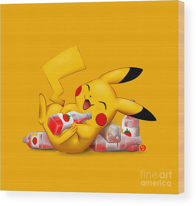 Pokemon Wood Print featuring the digital art Pikachu with ketchup by Kuini Fernandez