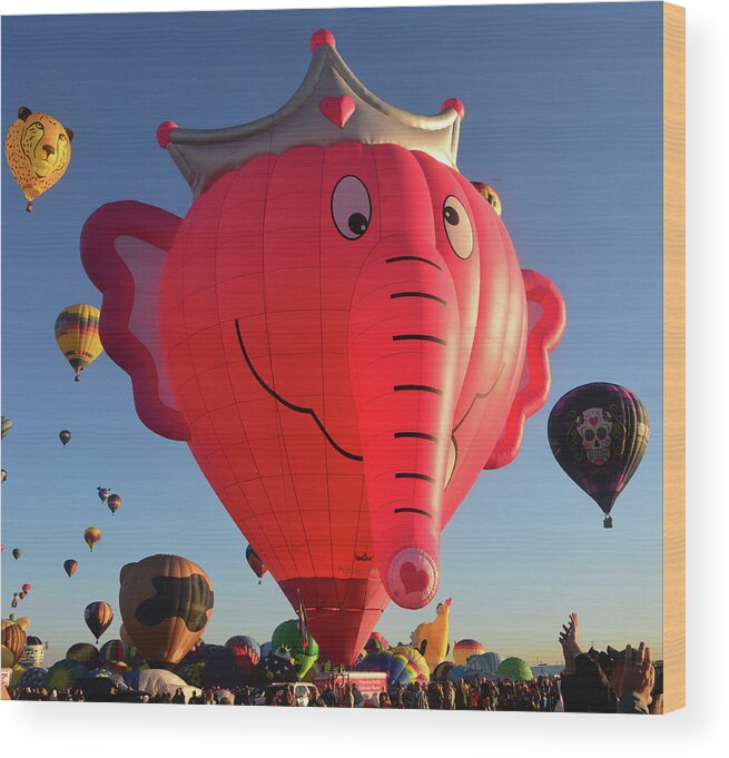 Pink Wood Print featuring the photograph Pink Elephant at the balloon fiesta by David Lee Thompson
