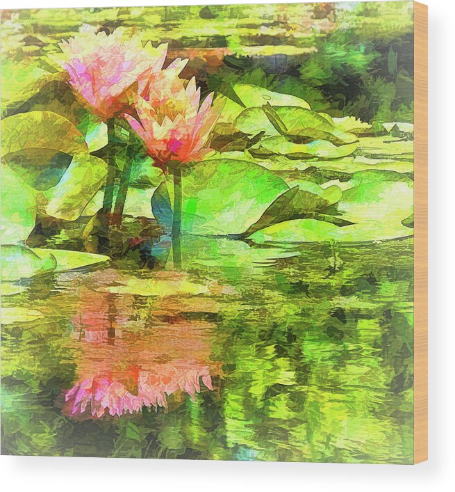 Lily Wood Print featuring the photograph Pink Water Lilies Faux Paint by Bill Barber