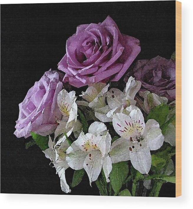 Flower Wood Print featuring the photograph Purple and White Bouquet on Black Background by Corinne Carroll