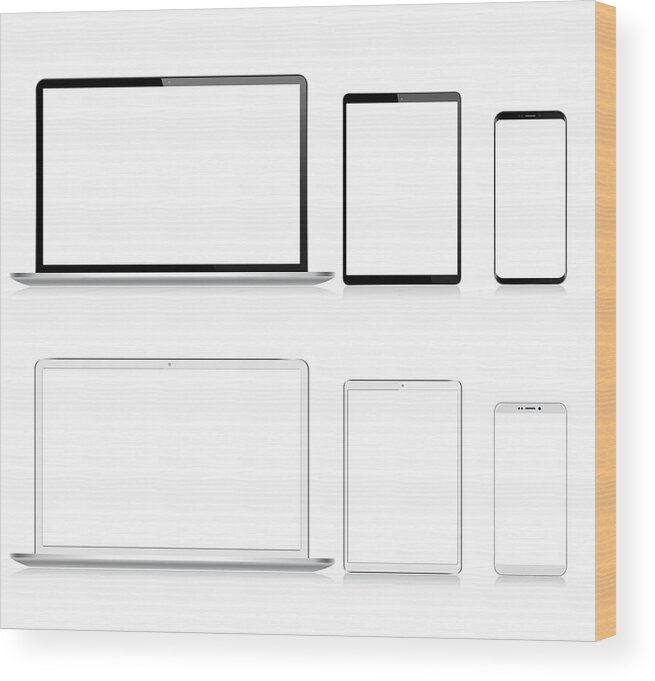 Bulgaria Wood Print featuring the drawing Realistic Vector Digital Tablet, Mobile Phone, Smart Phone and Laptop. Modern Digital Devices. Black and White color by Mikimad
