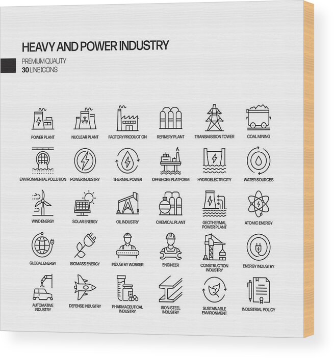 Environmental Conservation Wood Print featuring the drawing Simple Set of Heavy and Power Industry Related Vector Line Icons. Outline Symbol Collection by Designer