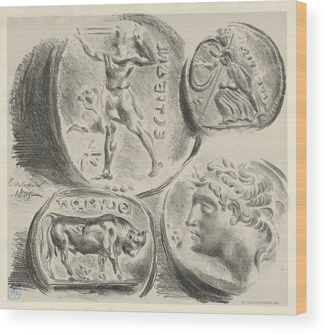 Eugene Delacroix Wood Print featuring the drawing Studies of Four Greek Coins by Eugene Delacroix