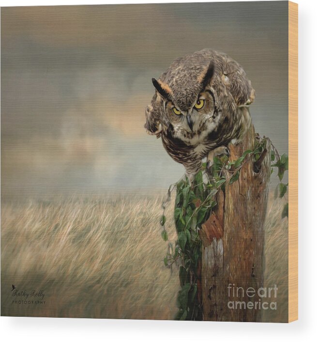 Great Horned Owl Wood Print featuring the mixed media The Hunt by Kathy Kelly