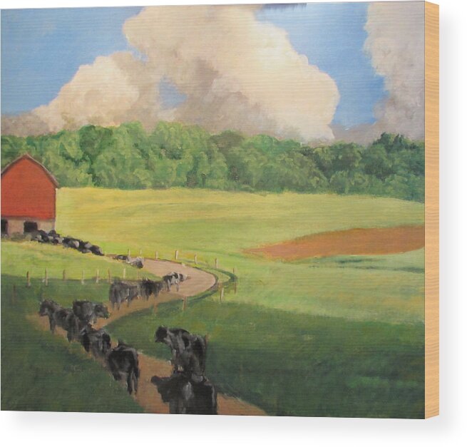 Cow Paintings Wood Print featuring the painting Back to the Barn #1 by David Zimmerman