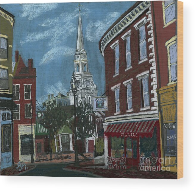 #portsmouthnh Wood Print featuring the painting Michelle's on Market Square #1 by Francois Lamothe