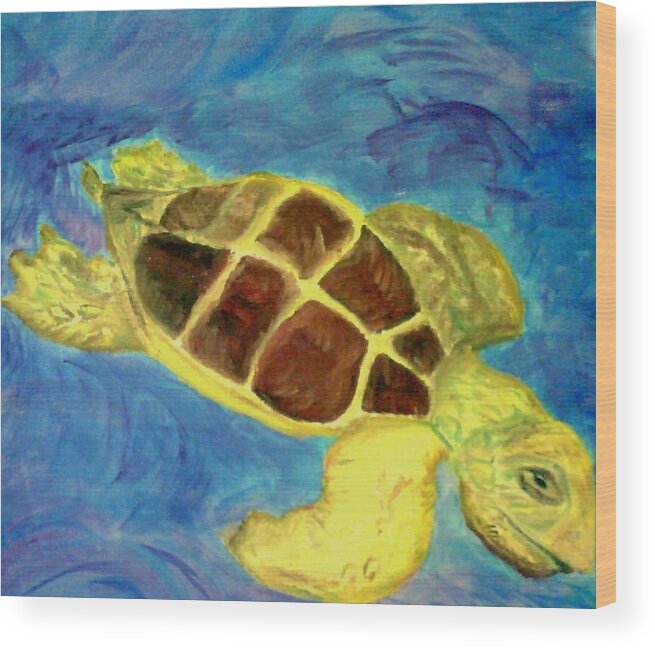 Loggerhead Turtle Wood Print featuring the painting Loggerhead Freed by Suzanne Berthier