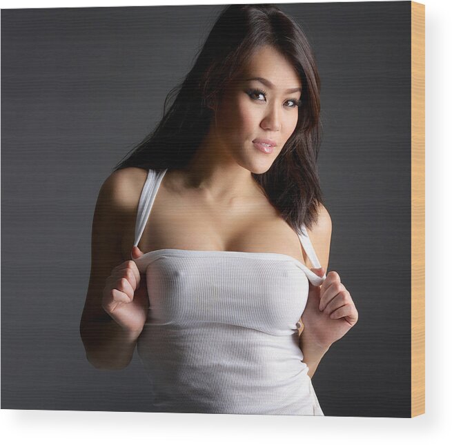 Asian And Indian Ethnicities Wood Print featuring the photograph Sexy Young Asian Woman in White Tank Top #2 by 2HotBrazil