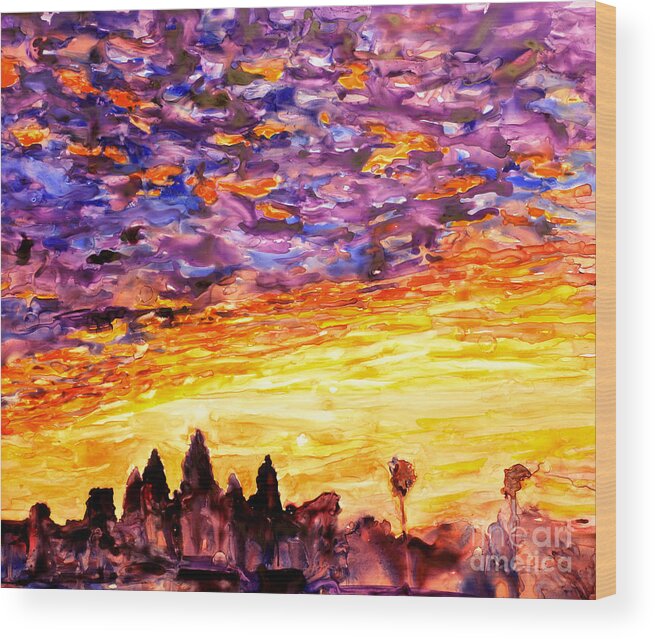 Yupo Wood Print featuring the painting Angkor Sunrise #3 by Ryan Fox