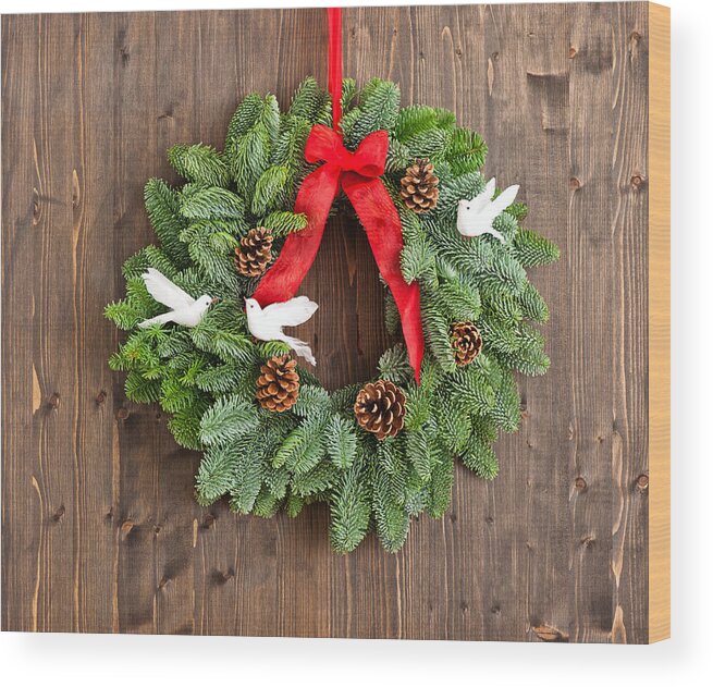 Red Wood Print featuring the photograph Advent wreath with red ribbon #5 by U Schade