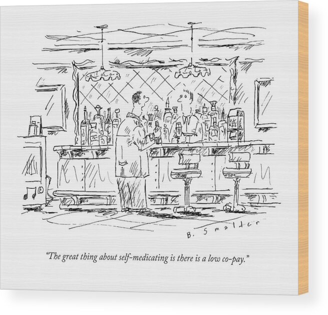 Drinking Wood Print featuring the drawing A Man At A Bar Talking To The Bartender by Barbara Smaller
