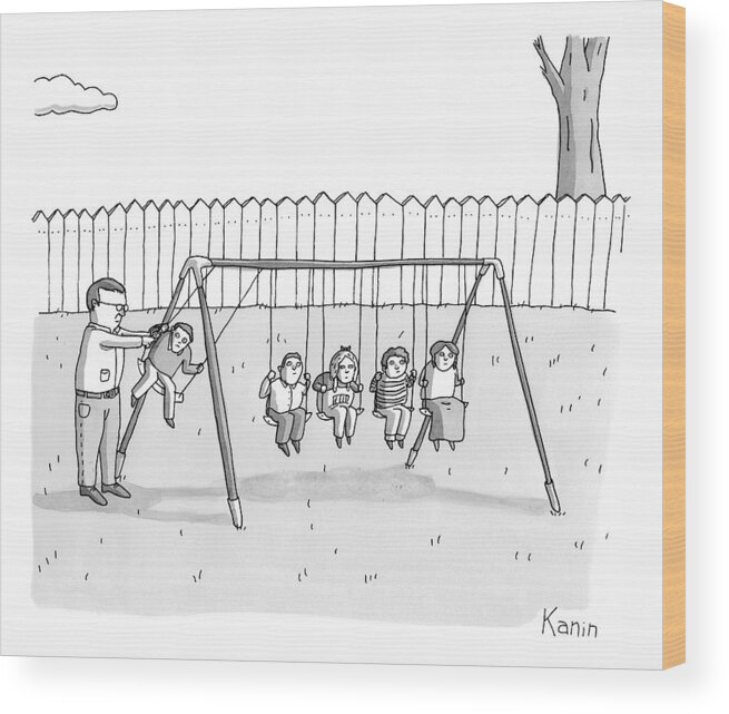 Newton's Cradle Wood Print featuring the drawing A Man Is Seen Swinging A Group Of Kids Like A Set by Zachary Kanin