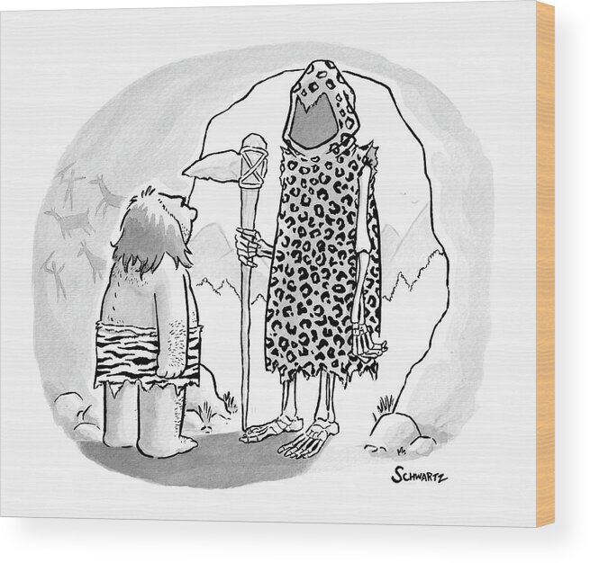 Captionless Wood Print featuring the drawing A Prehistoric Grim Reaper Wearing Animal Print by Benjamin Schwartz