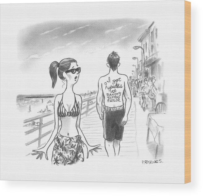 Tattoos Wood Print featuring the drawing A Woman Passes A Man On The Boardwalk. Tattooed by Pat Byrnes