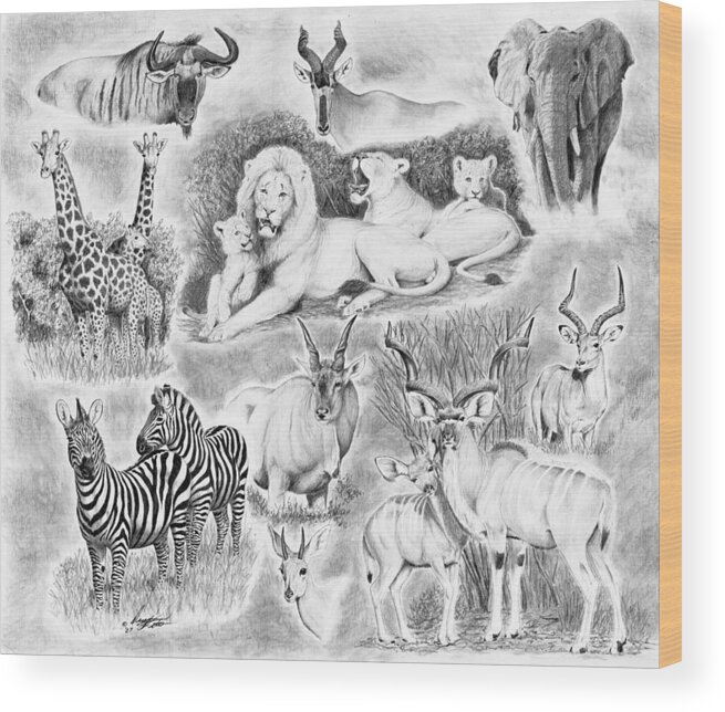Giraffe Wood Print featuring the drawing African Safari by Darcy Tate