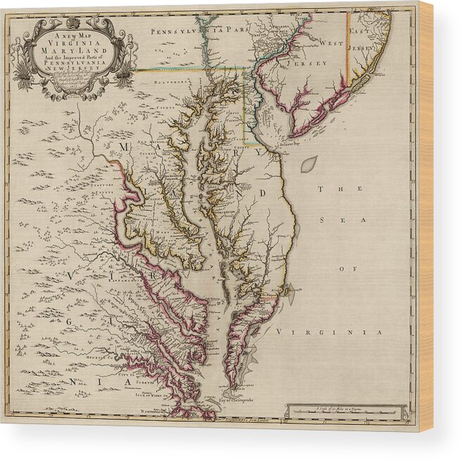 Maryland Map Wood Print featuring the drawing Antique Map of Maryland and Virginia by John Senex - 1719 by Blue Monocle