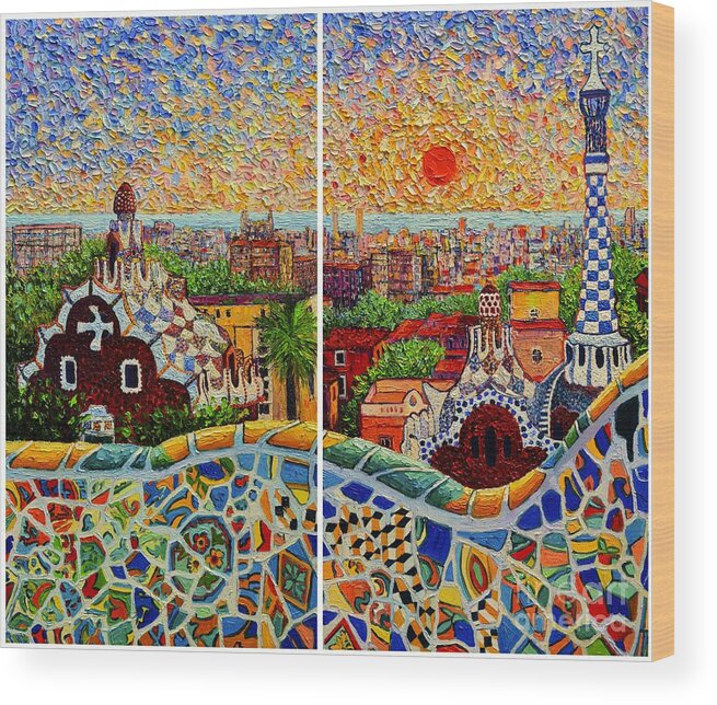 Barcelona Wood Print featuring the painting Barcelona Panorama - Diptych Version by Ana Maria Edulescu