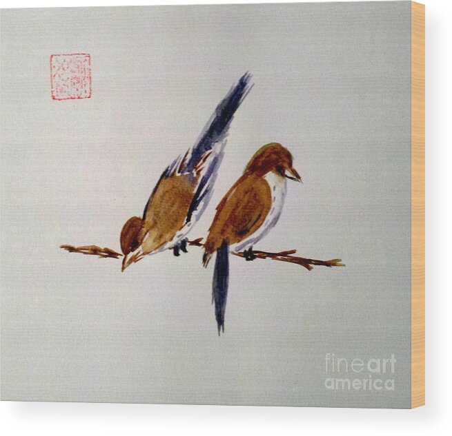 Birds On A Branch Wood Print featuring the painting Birds of a Feather by Margaret Welsh Willowsilk