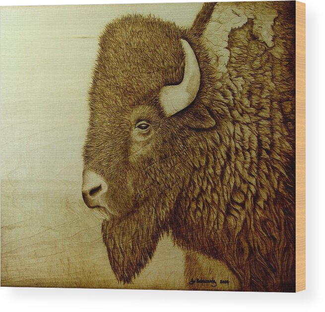 Bison Wood Print featuring the pyrography Bison Boss by Jo Schwartz