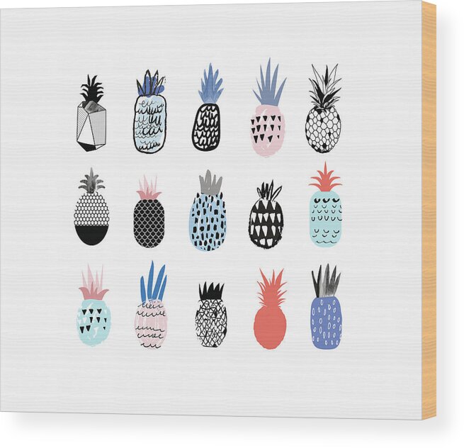 Art Wood Print featuring the digital art Collection Of Cute Pineapples With by Loliputa