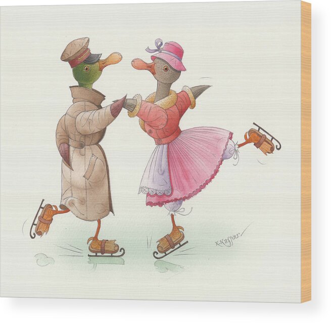 Christmas Winter Snow Skate Ducks Dance Greeting Cards Rose Green White Ice Wood Print featuring the painting Ducks on skates 17 by Kestutis Kasparavicius