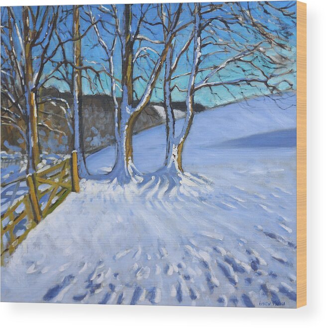 Gate Wood Print featuring the painting Gate and Trees Winter Dam Lane Derbyshire by Andrew Macara