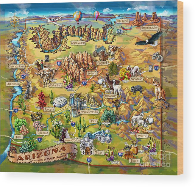 Arizona Map Wood Print featuring the painting Illustrated Map of Arizona by Maria Rabinky