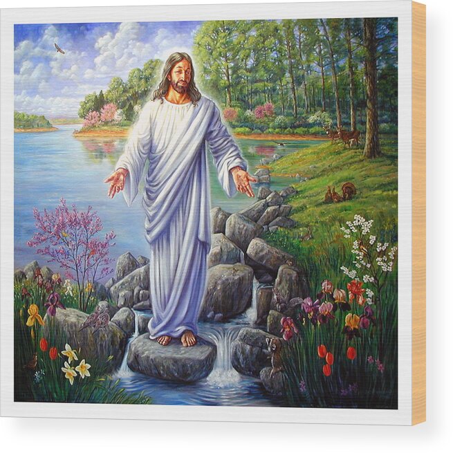 Jesus Wood Print featuring the painting Jesus in the Ozarks by John Lautermilch