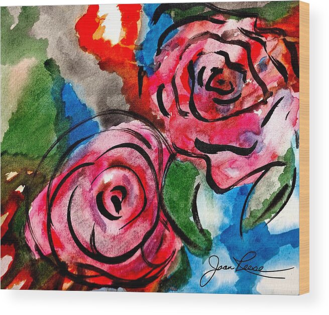 Watercolor Wood Print featuring the painting Juicy Red Roses by Joan Reese