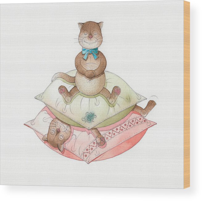 Cats Pillow Dream Rose Rest Relax Wood Print featuring the painting Lazy Cats02 by Kestutis Kasparavicius