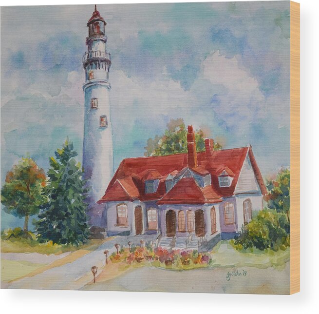  Wood Print featuring the painting Light House, Wisconsin by Jyotika Shroff