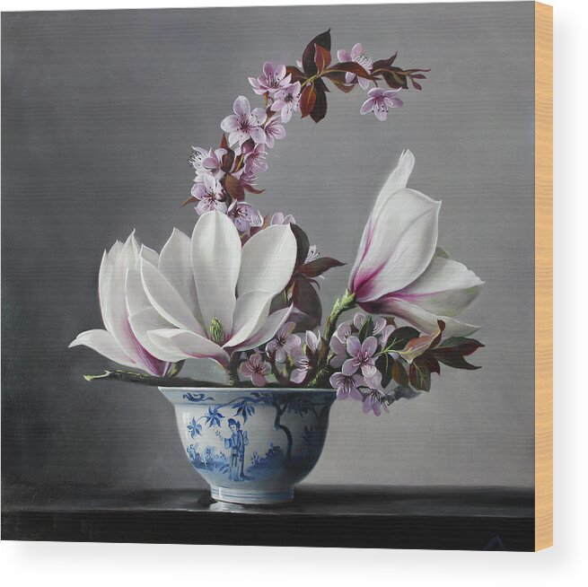 Flowers Wood Print featuring the painting Magnolia and Apple Blossem by Pieter Wagemans