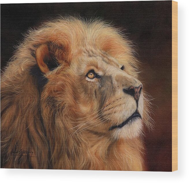 Lion Wood Print featuring the painting Majestic Lion by David Stribbling