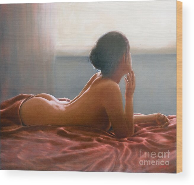 Nude Erotic Art Oil Painting Acrylic Charcoal Pastel Chalk Female Sensual Sexy Bondage Rope Legs Breasts Naked Bottom Lingerie Corset Bra Knickers Pants Stockings Sex Sexy Wood Print featuring the painting Morning light by John Silver