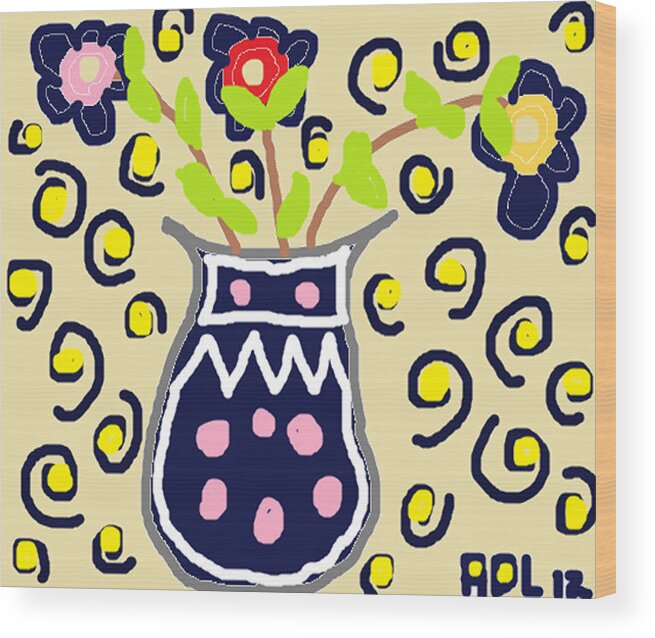 Colourful Florals Wood Print featuring the painting Navy Flowers in a Vaz by Anita Dale Livaditis