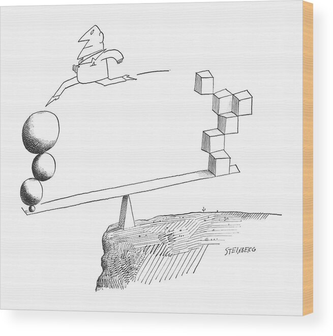 115535 Sst Saul Steinberg (a Seesaw Is Strategically Placed On A Cliff Of A Mountain While A Man Jumps From One End To Another. On One End Of The Seesaw Are Cubes And On The Other End Are Spheres.) Another Balance Balancing Circles Cliff Cubes End Jump Jumping Jumps Leap Leaping Man Men Mountain One Other Placed Seesaw Shape Shapes Spheres Squares Sstoon Strategically Suicidal Suicide Teeter Totter Triangles While Wood Print featuring the drawing New Yorker April 20th, 1963 by Saul Steinberg
