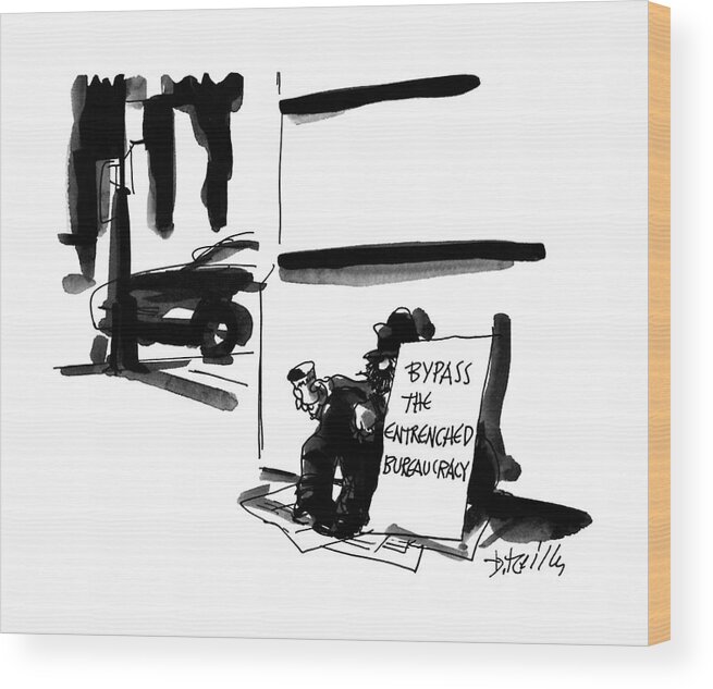 Bum Sits On The Street Corner With A Sign That Reads Wood Print featuring the drawing New Yorker February 6th, 1995 by Donald Reilly