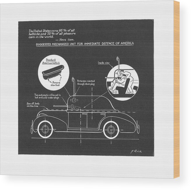 110524 Ala Alain Blueprint Of A Bathtub Mounted On An Auto Chassis And Equipped With Arms Wood Print featuring the drawing New Yorker July 27th, 1940 by Alain