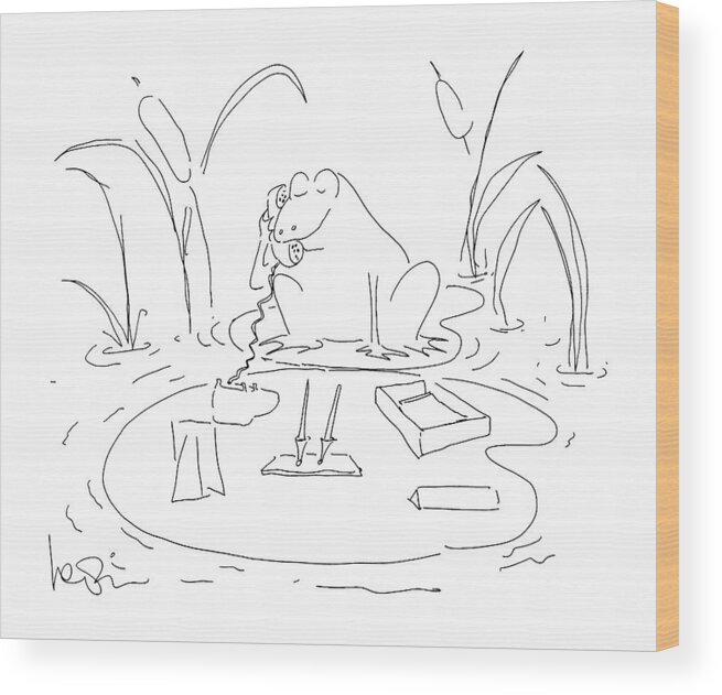 No Caption
Frog Sits On Lilypad Talking On Telephone Wood Print featuring the drawing New Yorker July 7th, 1986 by Arnie Levin