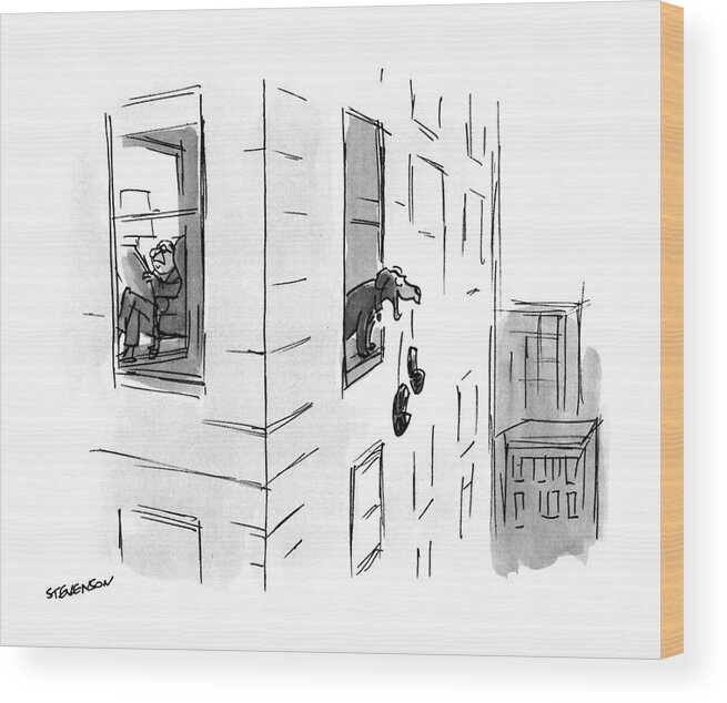 No Caption
A Man Sits Reading While His Dog Drops His Slippers Out Of The Window Of Their High-rise Building. 
No Caption
A Man Sits Reading While His Dog Drops His Slippers Out Of The Window Of Their High-rise Building. 
Dogs Wood Print featuring the drawing New Yorker October 17th, 1988 by James Stevenson