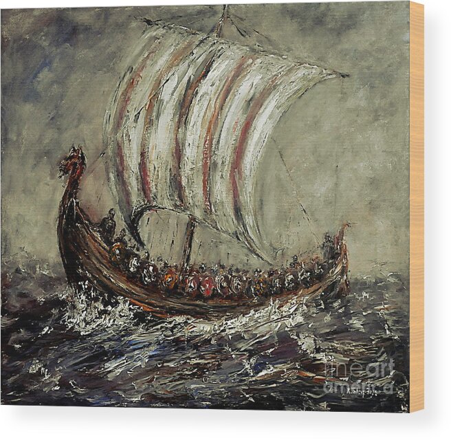 Viking Wood Print featuring the painting Norse Explorers by Arturas Slapsys