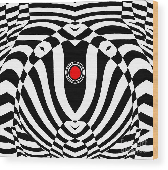 Abstract Art Wood Print featuring the digital art Op Art Geometric Black White Red Abstract No.383. by Drinka Mercep