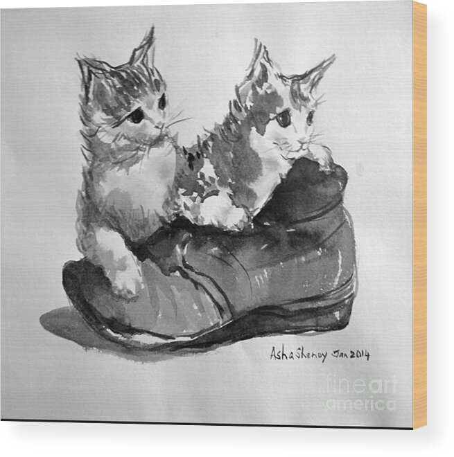 Kittens Wood Print featuring the painting Playful kittens by Asha Sudhaker Shenoy