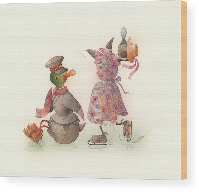 Christmas Winter Greeting Cards Ice Snow Dance Duck Holiday Wood Print featuring the painting Skating Ducks 10 by Kestutis Kasparavicius