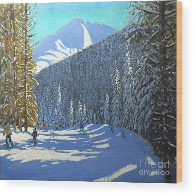 Winter Wood Print featuring the painting Skiing Beauregard La Clusaz by Andrew Macara