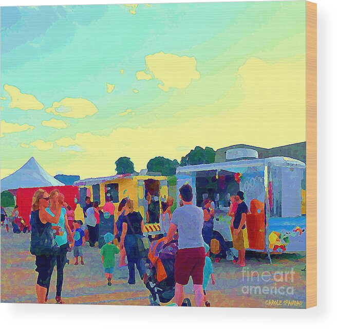 Food Truck Wood Print featuring the painting Summer Family Fun Paintings Of Food Truck Art Roadside Eateries Dad Mom And Little Boy Cspandau by Carole Spandau